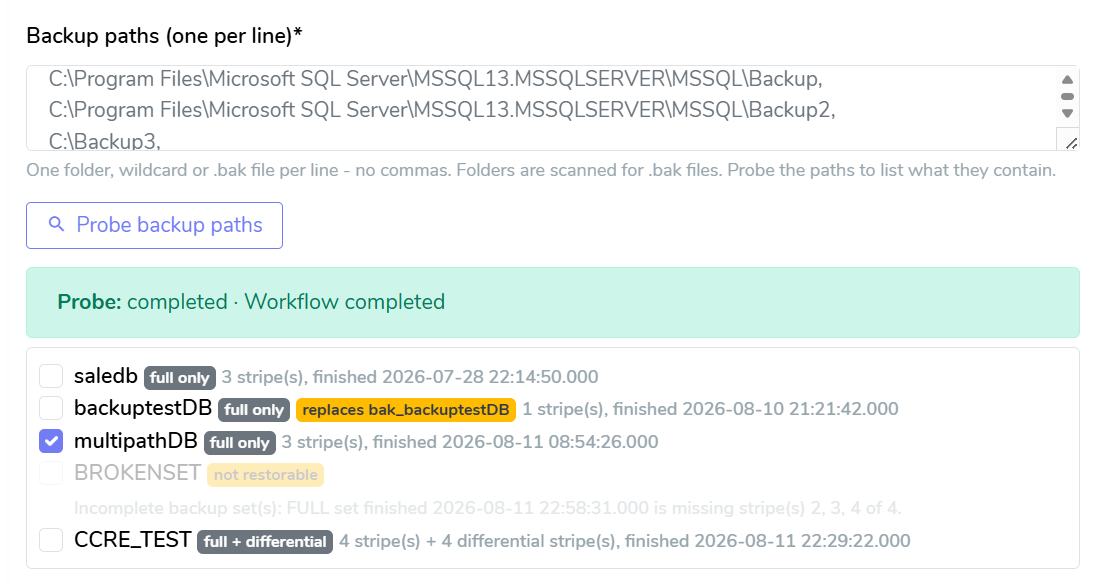 Onboard wizard - backup sets found by the probe