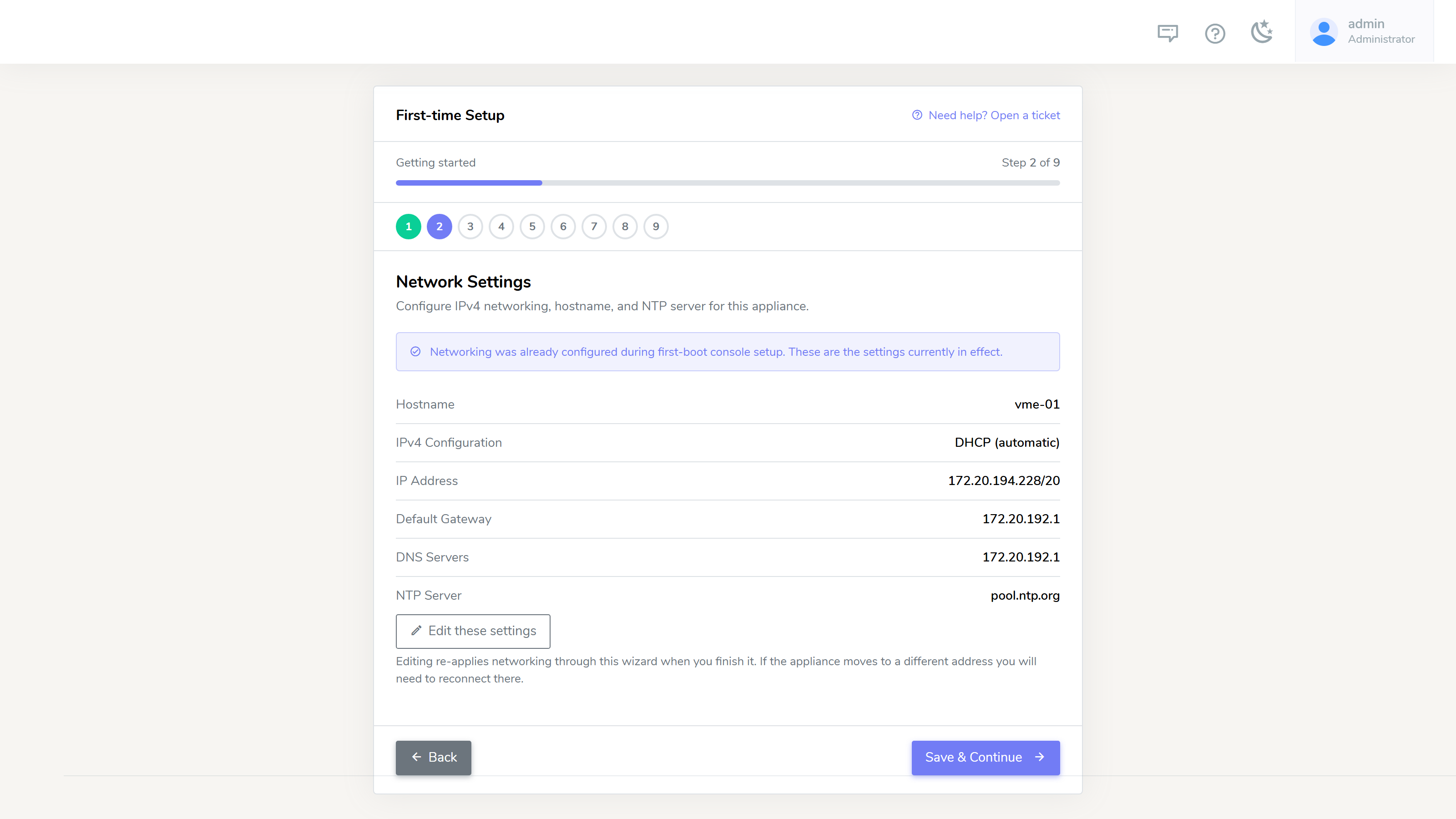 Network settings - already configured during console setup