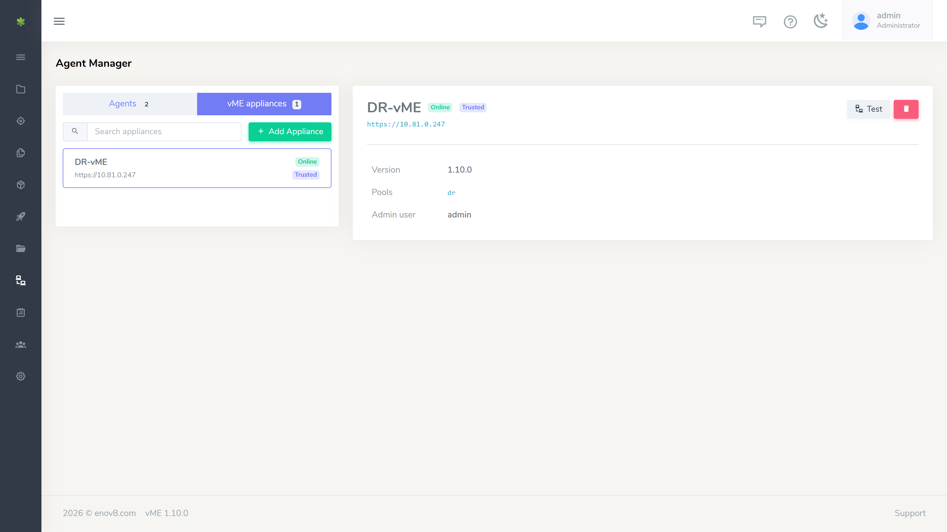The vME appliances tab on Agent Manager, with DR-vME selected