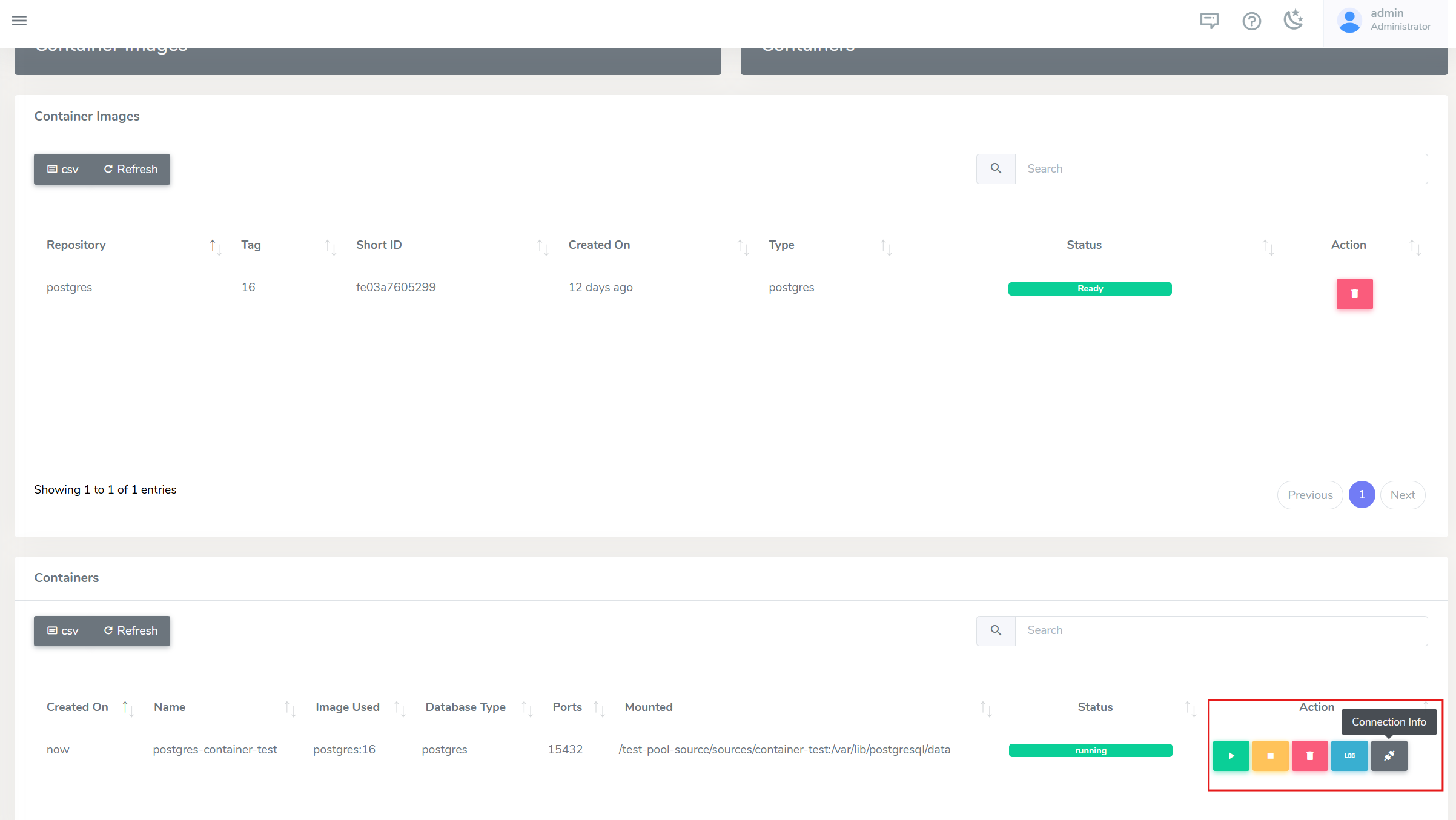 Container list - Connection Info action