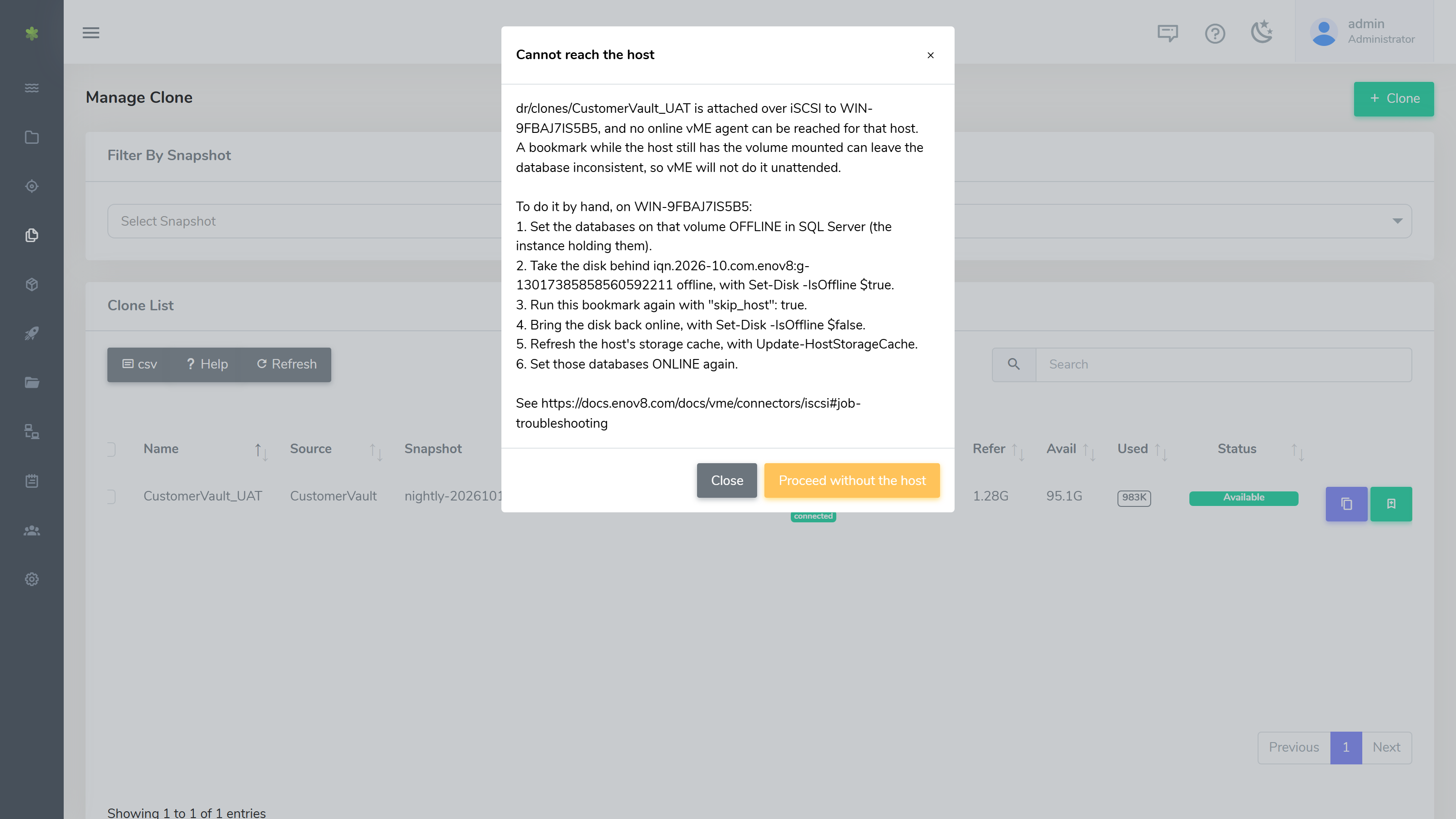 Cannot reach the host: the volume, the host and the steps to do it by hand, with Proceed without the host