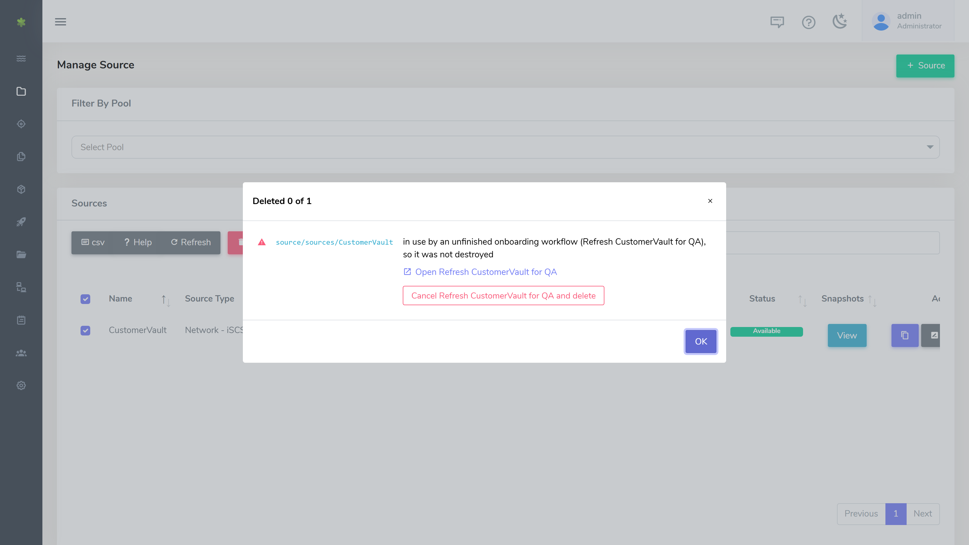 A source refused because a workflow is using it