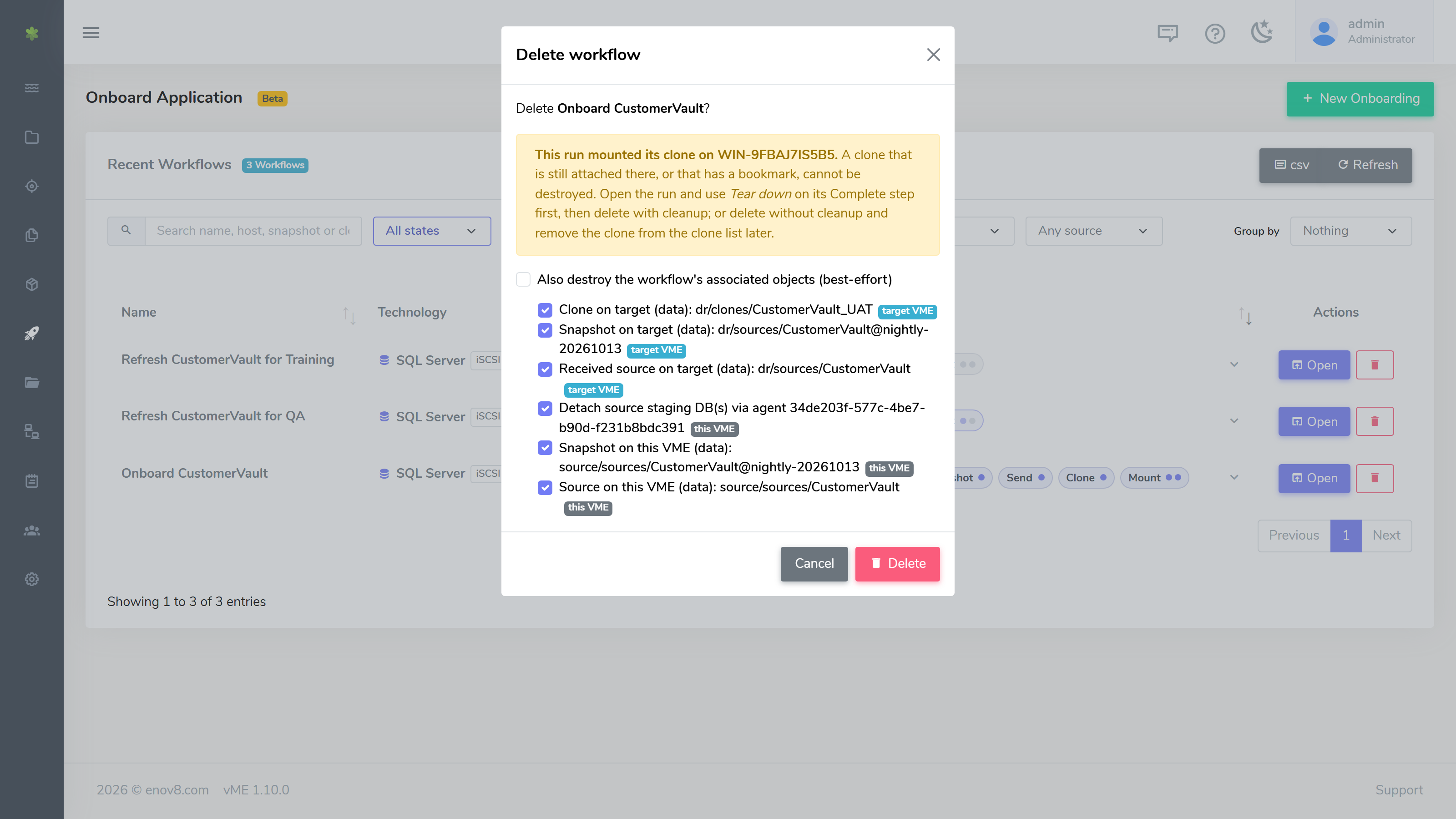 Deleting a workflow that mounted its clone on a host