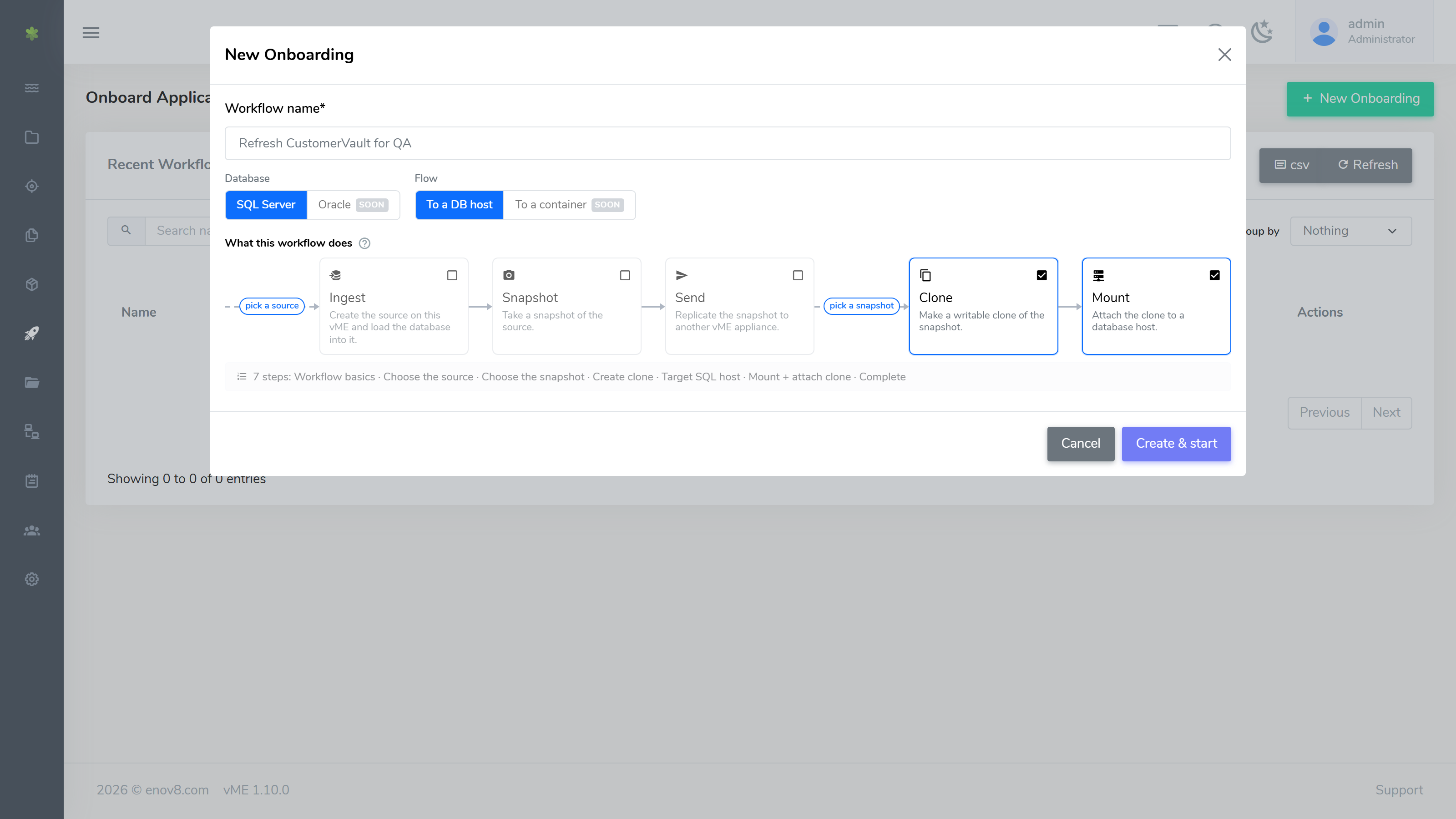 New Onboarding, set to clone and mount an existing snapshot