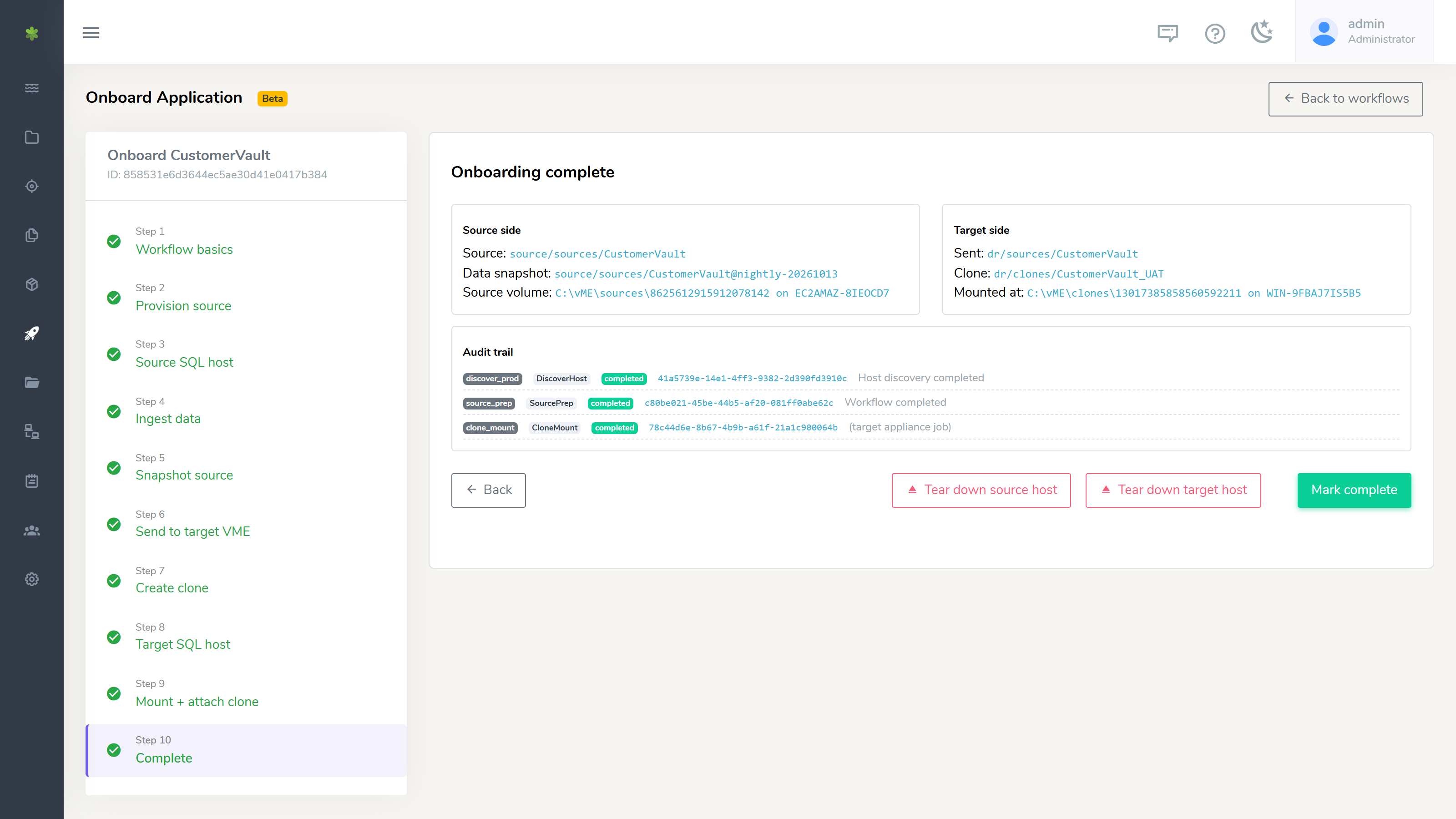 A full onboarding run with all ten steps done, open on its Complete step